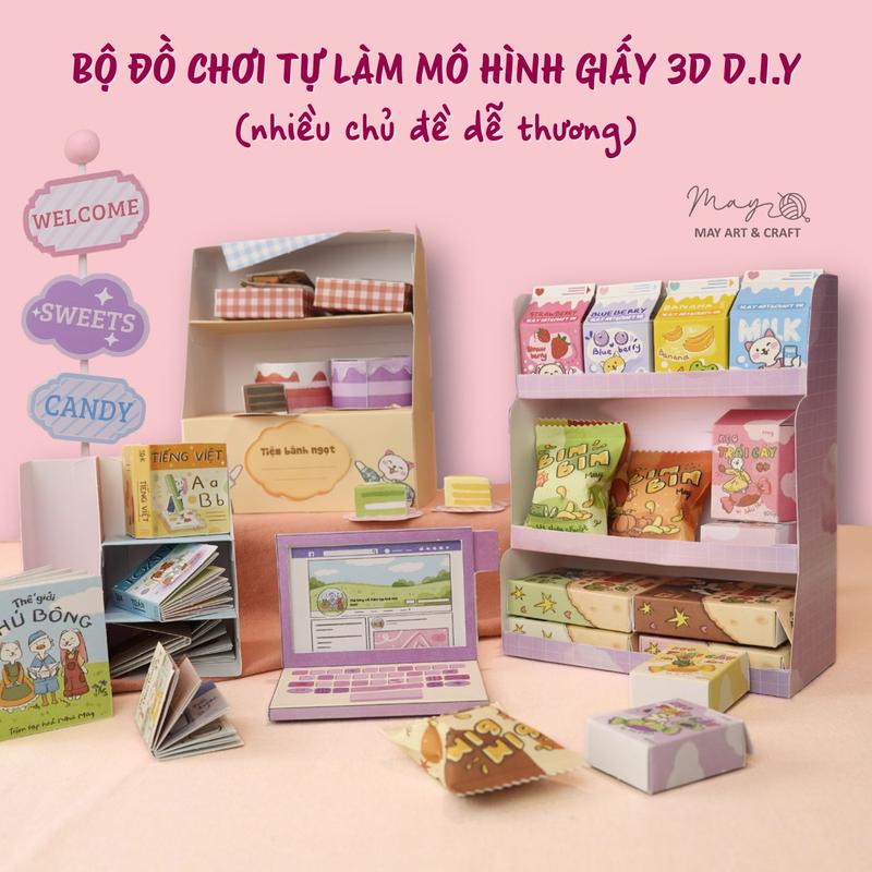 Bộ đồ chơi tự làm mô hình giấy 3D DIY tự lắp ghép mô hình giấy nhiều chủ đề dễ thương như đồ ăn vặt, kệ sách mini, tủ bánh ngọt có video hướng dẫn chi tiết
