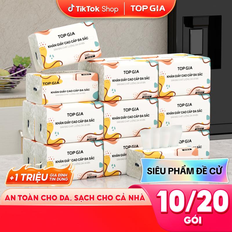 (RẺ SẬP SÀN) Thùng 10/20 Gói Giấy Ăn Topgia Đa Sắc, Giấy Ăn Cao Cấp Dập Vân 4D, 4 Lớp, Dai, Mềm Mịn, Khăn Giấy Vệ Sinh, Khăn Giấy Gia Đình Đa Năng. ĐẠT QUY CHUẨN CỦA BỘ CÔNG THƯƠNG.  (VH1)