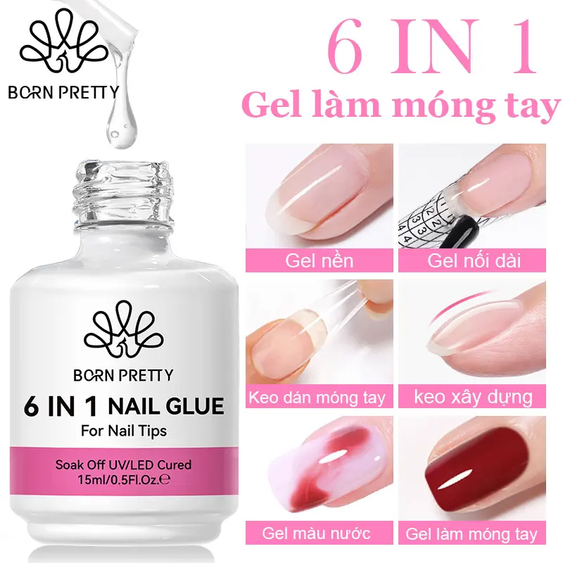 Gel Keo Dán Móng Tay, BORN PRETTY, Nâng Cấp Mới, 15ml, 6 IN 1, Gel Nền Sơn Gel, Gel Nối Dài, Thích Hợp Cho Đèn UV Và Đèn Led Làm Móng Nghệ Thuật, 61100