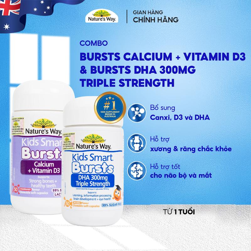 Combo DHA 300mg Triple Strength 50 viên và Calcium + Vitamin D3 Burstlets 50 Viên Cho Bé