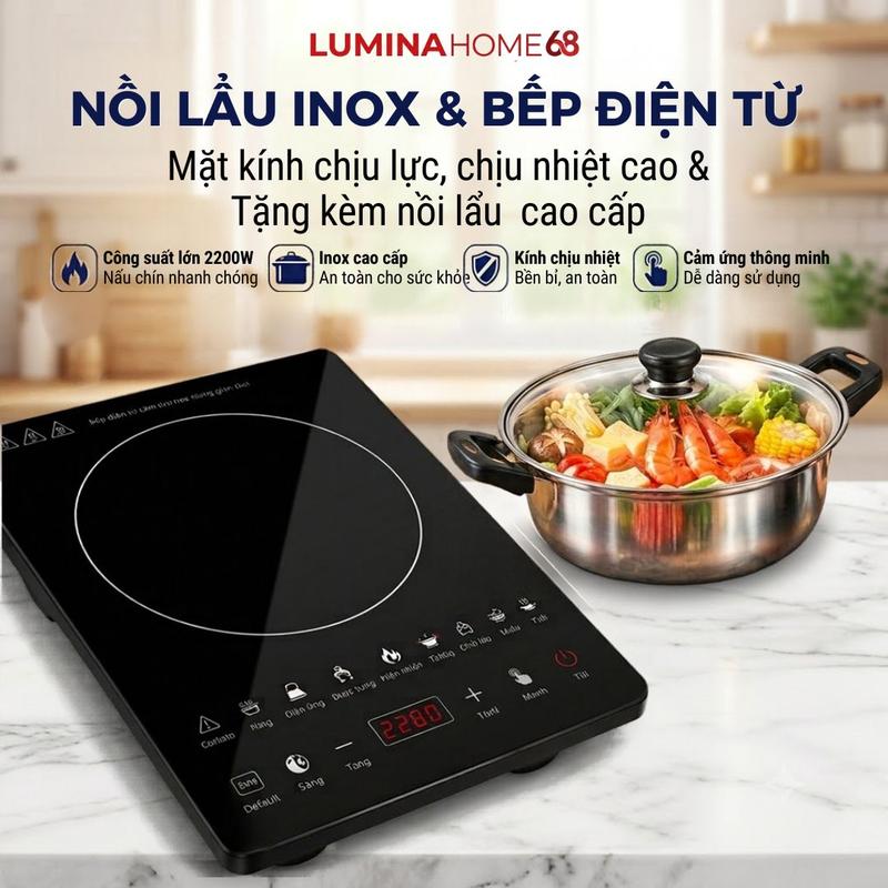 Bếp Từ Điện Cảm Ứng Thông Minh 2200W Mặt Kính Chịu Lực - Độ Bền Cao - Sản Phẩm Mới Nhất 2027 - Tặng Kèm Nồi Lẩu Inox Cao Cấp