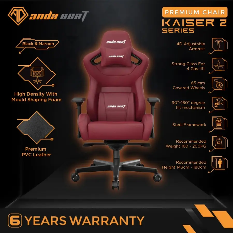 AndaSeat Kaiser 2 Series Premium Kursi Gaming Chair Black Maroon