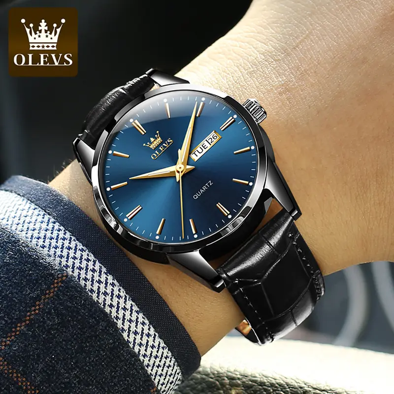 OLEVS Jam Tangan Pria Fashion Tali Kulit Original Anti Air Jam Tangan Cowok Simple Fashion Kuarsa Penunjuk Kalender Bercahaya Tahan Air Analog Men Watch Hitam Putih Biru Cod 4