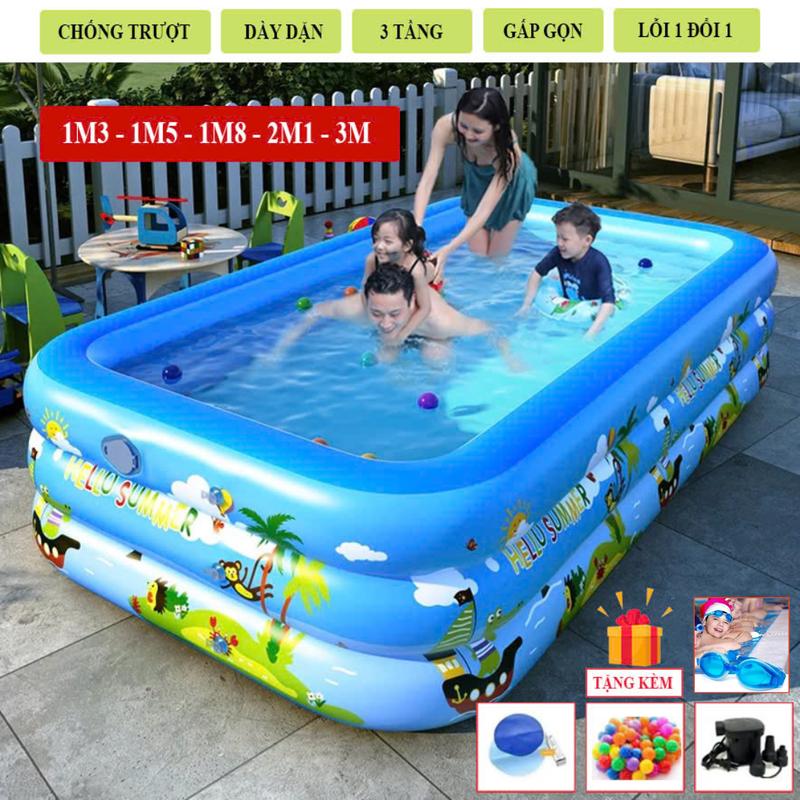 Bể bơi 3 tầng cho bé 1m3 -1m5 -1m8 -2m1 loại Dày Dặn 2 lớp (tặng kèm 1 bơm điện , bóng và bộ miếng vá) Đồ Chơi Nhựa PVC có đáy chống trượt an toàn