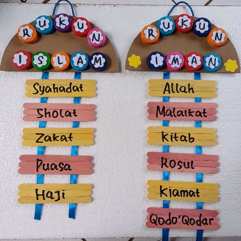 prakarya hiasan dinding rukun islam dan rukun iman dari stik eskrim dan tutup botol 0