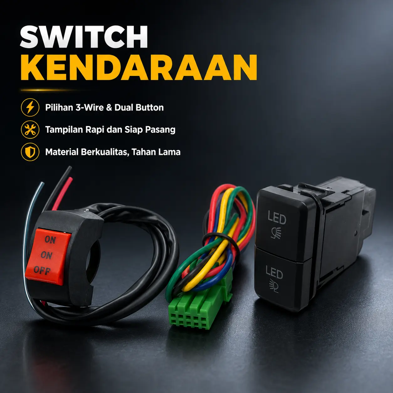 Saklar Lampu Kendaraan 3 Kabel dan Tombol Ganda untuk Lampu Depan, Pilihan Varian 3-Wire Headlight atau Dual Button