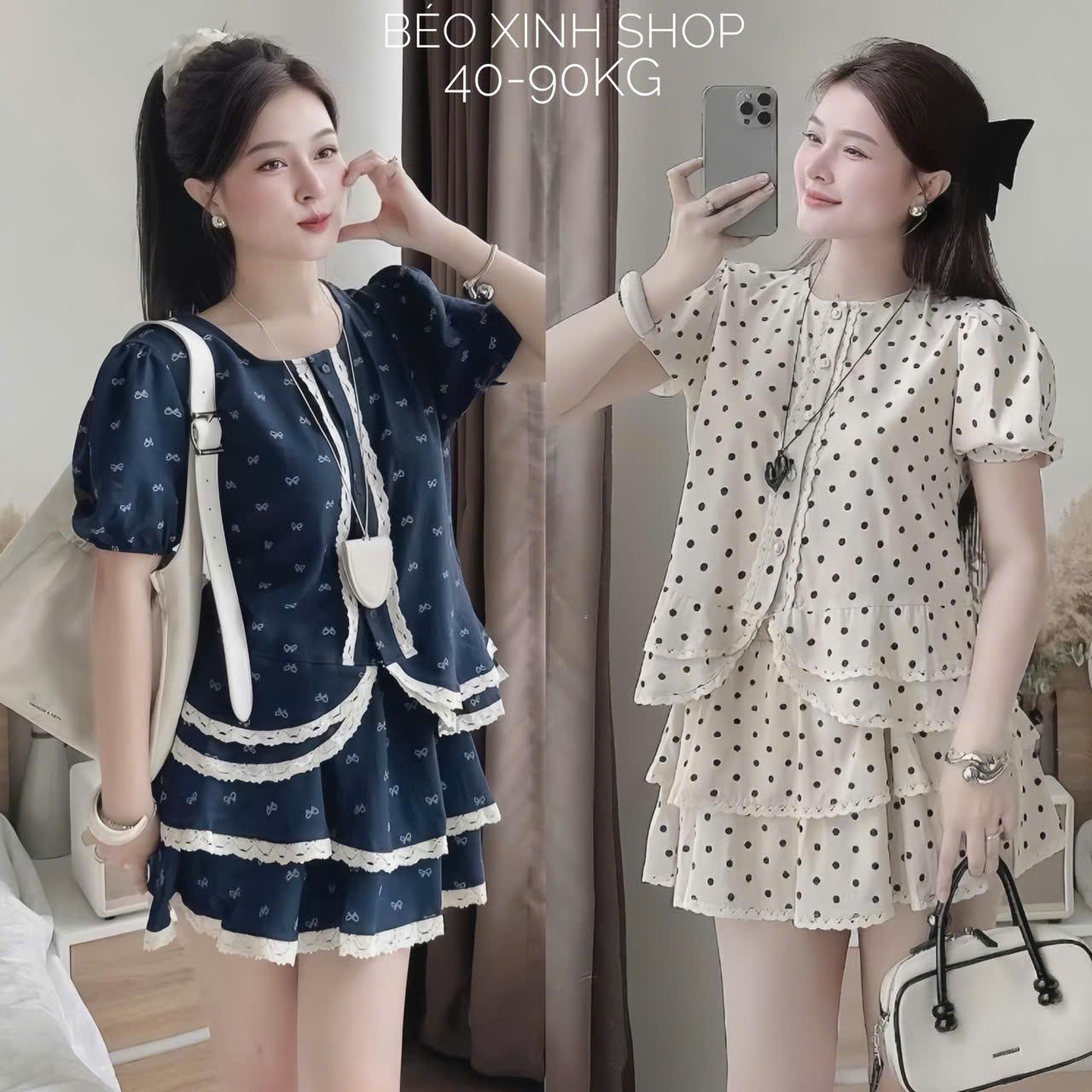 Set Váy Áo Dự Tiệc Nữ Tiểu Thư Vải Cotton Lạnh Chấm Bi Cao Cấp Thanh Lịch Cho Các Nàng Bigsize 40–90kg Thời Trang Nữ Béo Xinh Shop - A.1584