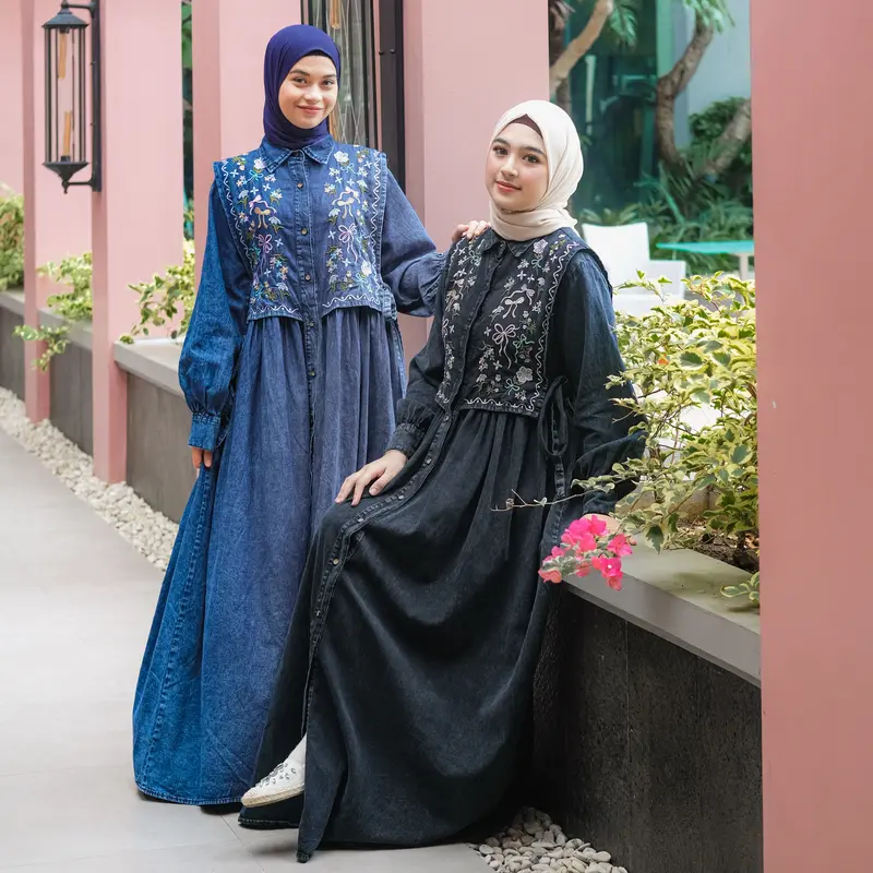 SALMA DRESS Gamis Lebaran Terbaru 2025 Bahan Jeans Premium Import Busui Friendly Bordir Muslim Panjang Wanita Motif Nyaman Maxi Fit 3