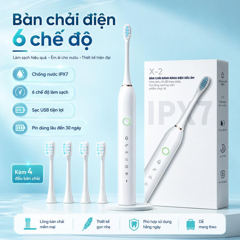 Bộ bàn chải đánh răng điện tự động hoàn toàn dành cho người lớn với lông mềm kháng nước, sạc pin tiện lợi dành cho nam và nữ