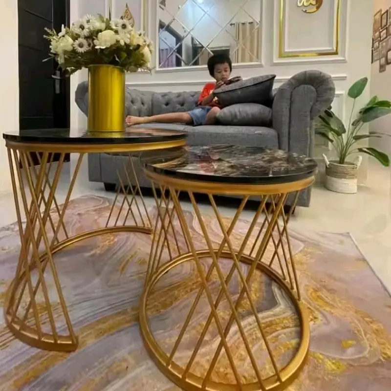 RJP FURNITURE Meja Industrial Besi Kayu Minimalis Sudut Ruang Tamu Modern Estetik - Nesting Golden Black Marble 0