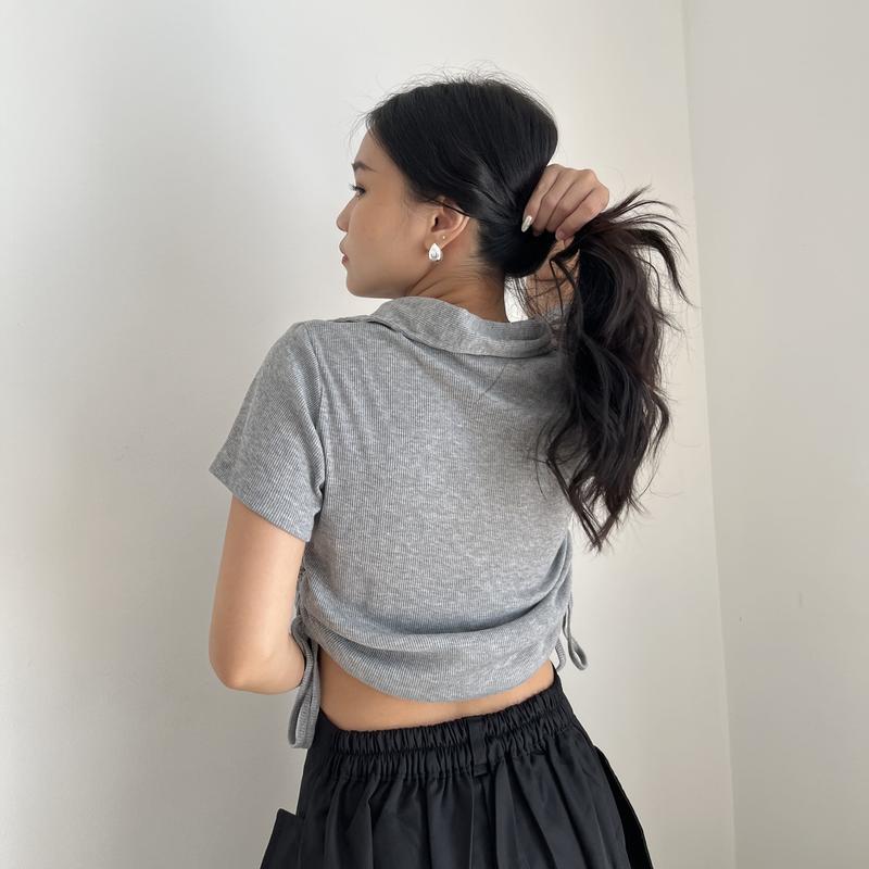 LAURA Baju Atasan Wanita - Crop Top Basic - Kaos Polo Berkerah Rib Polos - Knit Top Wangki Tali Serut 3