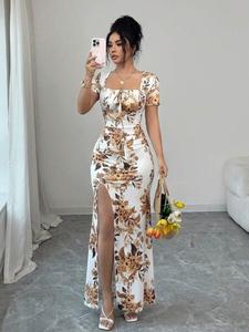 Vestido de verano para mujer con manga corta, vestido para vacaciones con impresión digital, vestido largo para playa y vacaciones con abertura en el bajo, vestido floral elegante con cintura ceñida, vestido de noche