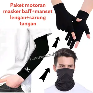 paket riding motoran sarung tangan+manset lengan+masker baff