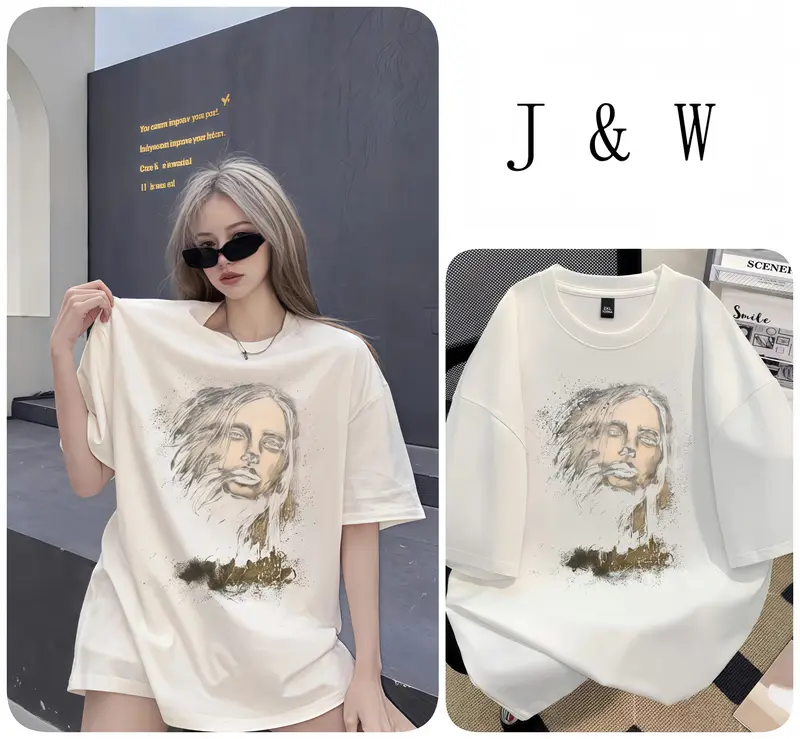J&W 2025 T-Shirt katun untuk musim panas | Vintage/Cetakan Potret | Kemeja Oval Lengan Pendek | Gaya Gelap High Street | Atasan Longgar | Kemeja Fashion Anak Perempuan | Kaos Bergaya Korea | baju lebar | baju lucu / Panjang Fit Santai Lembut Nyaman 0