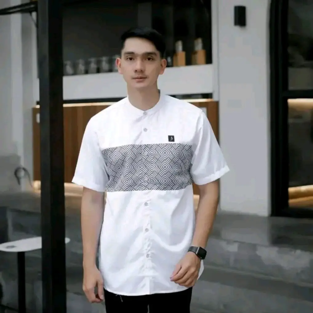 Baju Koko Pria Dewasa Muslim Motif Kausar Lengan Pendek Bahan Full Katun Motif Garis Kombinasi