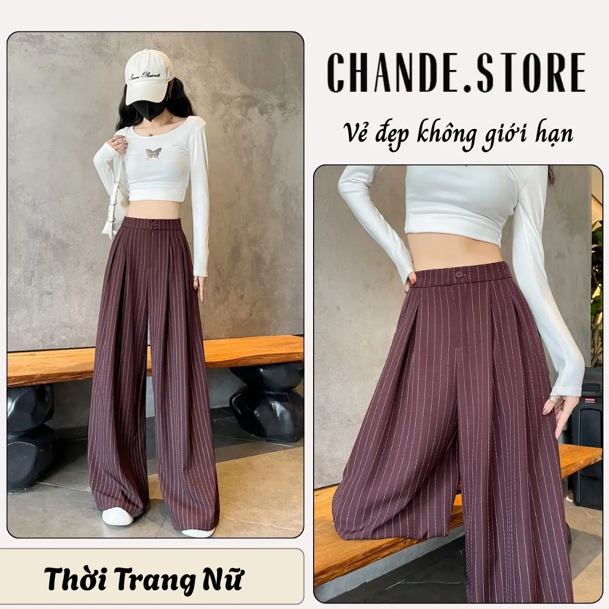 Quần ống rộng Gold Hàn kẻ sọc cạp phối chun đằng sau siêu tôn dáng QX13 CHANDE STORE