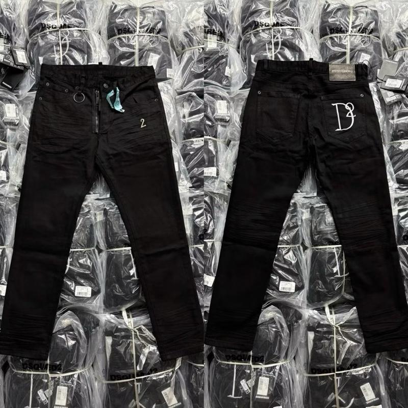 Quần Jean Nam D2 Khoá Lệch Đen Trơn Tag Logo Số 2 Đùi Phối Thêu Chữ Sau Túi Basic