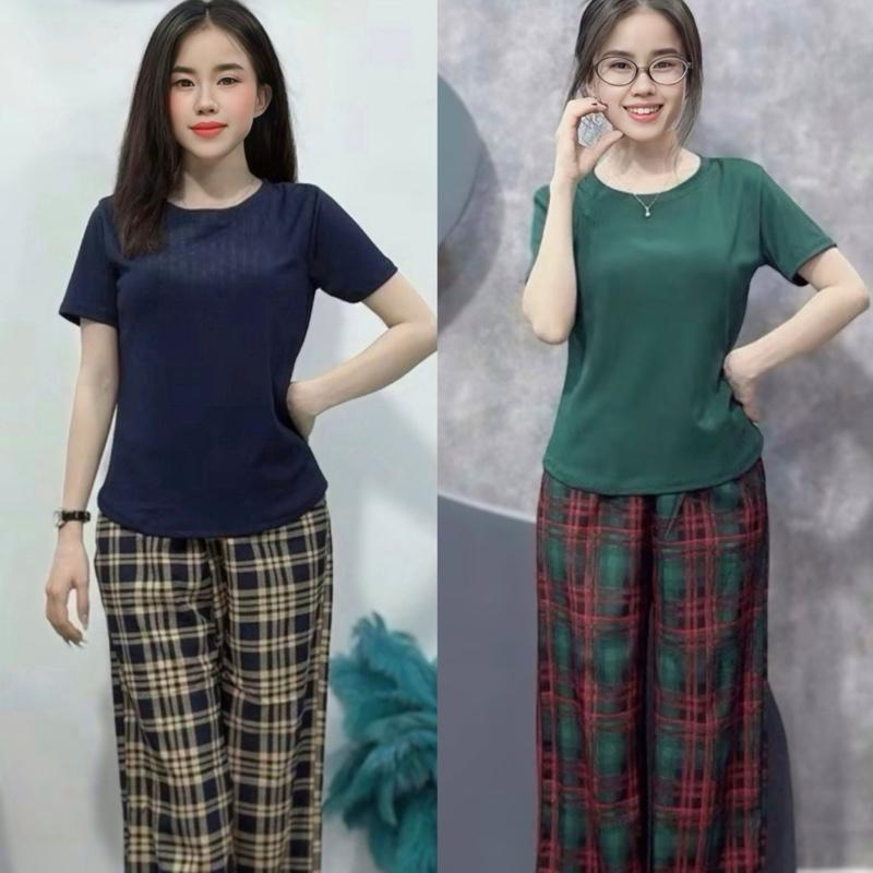 Sét bộ quần suông vải lụa phối áo trơn tăm lạnh cổ tròn trẻ trung Women Nữ Top Voi