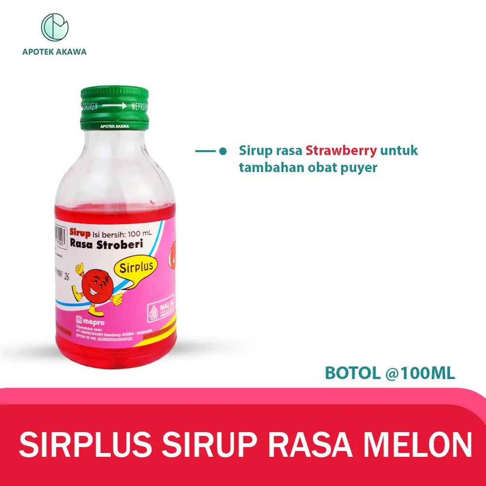 SIRPLUS SYRUP STRAWBERRY BOTOL @100 ML/SIRUP PEMANIS OBAT PUYER/ APOTEK AKAWA