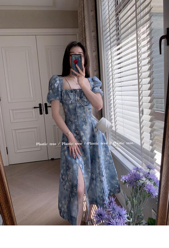 Product Introduction of phụ nữ ăn mặcĐầm Voan Pháp, In Hoa Mùa Hè, Cạp Cao Xẻ Tà, Hàng Mới Về Cho Nữ, Bó Sát Eo, Cổ Vuông, Tay bồng Hoa, Đầm Midi Dress Women 18