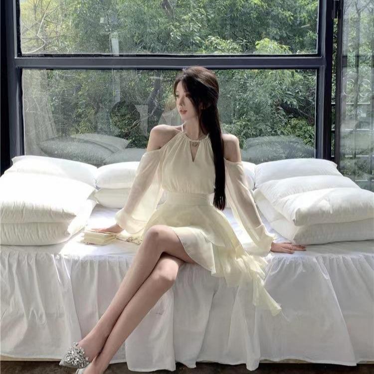 Váy Ngắn, Phong Cách Ngọt Ngào Đơn Giản, Màu Mơ Pháp, Dài Tay, Thích Hợp Cho Kỳ Nghỉ, Mùa Hè, Mỏng Vừa Vặn, Siêu Thanh Lịch, Váy Bánh Xếp Nhún, Phong Cách Hàng Ngày Nữ Women đầm  trắng váy  liền 6
