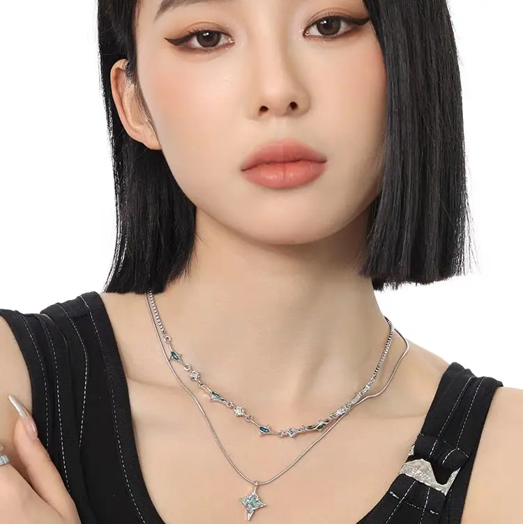 Kalung 2 Layer Permata Biru Necklace Double Layer MultiLayer Panjang 4
