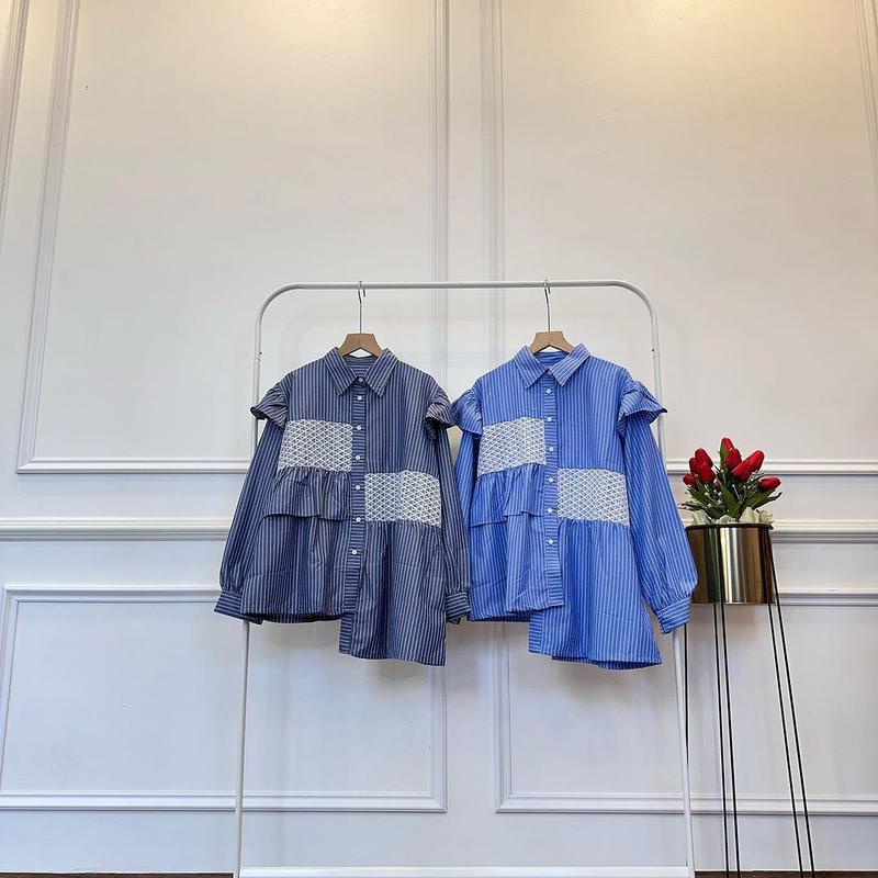 Product Introduction of Kemeja Motif Salur kombi Brukat / Atasan Kemeja Wanita Model Terbari Trendi 2024 / Kemeja Motif Salur Size M L XL Murah Nyaman Katun 3