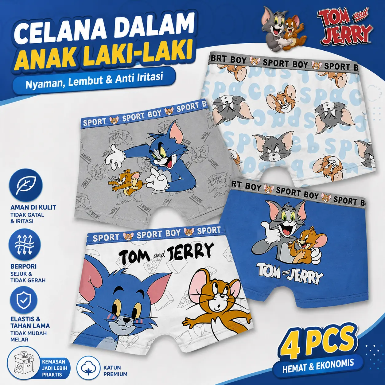 Set celana dalam khusus anak kecil untuk masa pertumbuhan, 4 buah (usia 1-14 tahun)