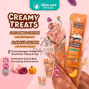 Olive Care SINGLE CREAMY TREATS 16gr & 20gr BIG SIZE Snack Cemilan Kucing Bernutrisi dengan Daging Ayam/Salmon Asli