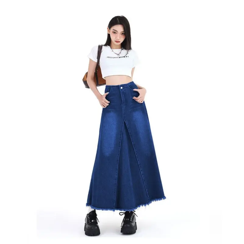 Pg Jeans - Rok Denim Vintage Retro Wanita Rok Jeans Panjang High Waist A-Line Cewek Bahan Tebal Tahan Lama Kancing Depan & Karet Belakang Variasi Rampel di Depan 2