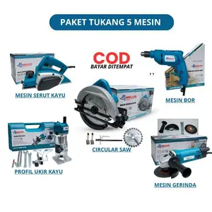 PAKET [5 ITEM] MIKAYO Paket Tukang Kayu Lengkap Mesin Planer/Serut + Circular Gerinda Saw + bor 10mm+Mesin Gerinda+Mesin Profil KAYU roUTER - sesuai gambar