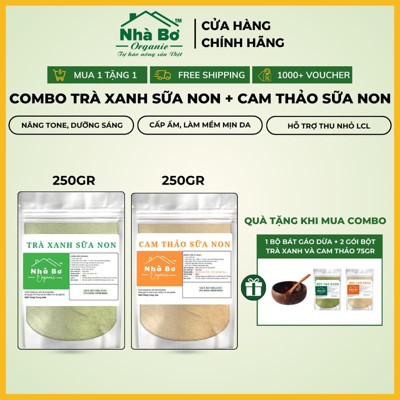 Combo 2 Gói [250g Bột Trà Xanh Sữa Non + 250g Bột Cam Thảo Sữa Non] | Nhà Bơ Organic - Giúp Dưỡng Trắng, Cấp Ẩm, Làm Mềm Mịn Da Mặt và Body