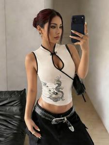 Camiseta de mujer color albaricoque, estilo tradicional nuevo, con botones y estampado de dragón, ajuste entallado, cómoda para uso urbano, retro Y2K de los años 2000, cuello alto, manga larga
