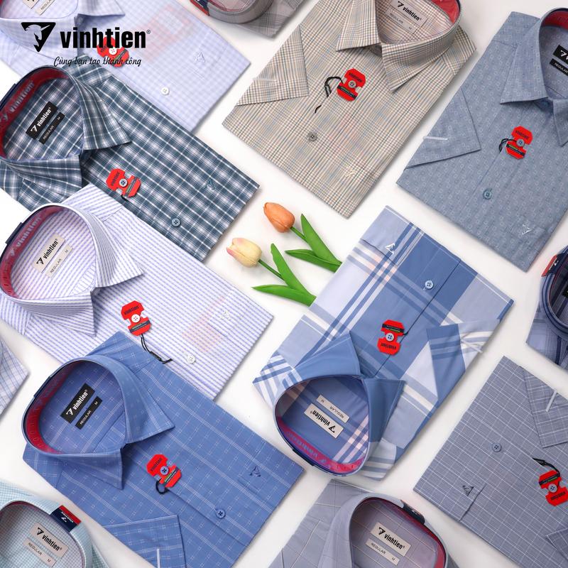 Áo Sơ Mi Nam Vải Sợi Tre Bamboo Ngắn Tay Sọc Caro Vạt Bầu Form Regular Vĩnh Tiến 365 - Nhiều Màu