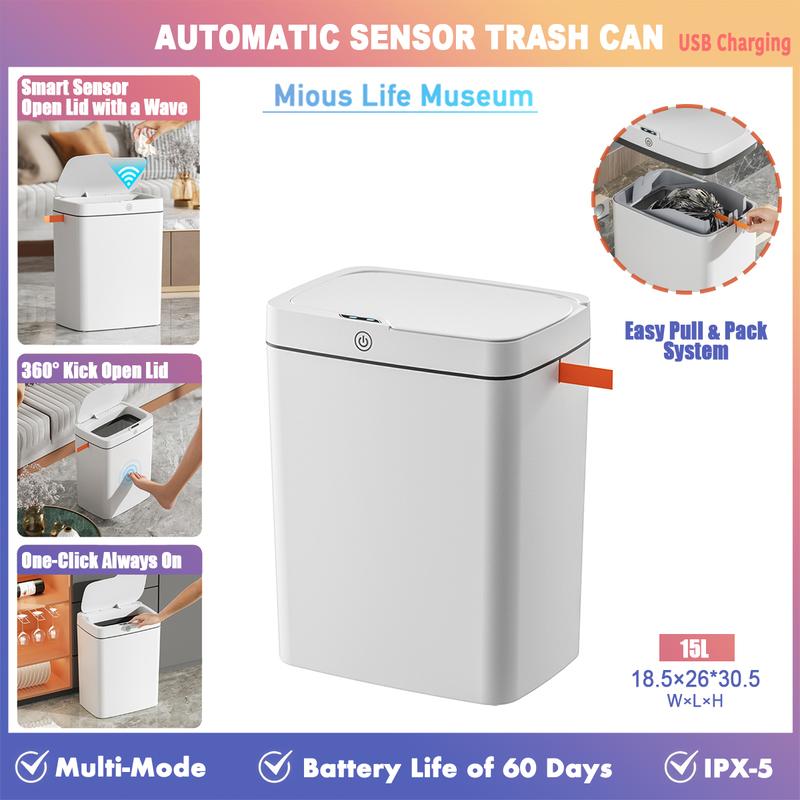 [ SG Stocks ] Automatic Sensor Trash Can, One-Click Packaging, Slim Edge, White, Rechargeable, DrawstringKitchen, Bathroom, Dining Room, Balcony, Small Area, Trash Bags, 1