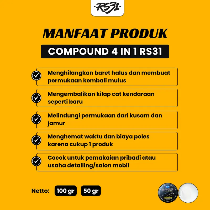 RS31 Rubbing Compound Penghilang Baret Mobil Motor Helm Kaca 50gr 100gr 200gr Super Ampuh Menghilangkan Baret Halus & Swirl Mark Dengan Wax & Silikon 3