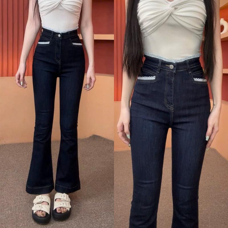 [ ZINLY SHOP ] Quần Jean Nữ Ống Loe Fom Ngắn 95Cm Và Dài 105Cm Phối Ren Màu Đậm Thiết Kế Túi Vuông Vải Co Giản Dẽo Dai Mềm Mát Q414