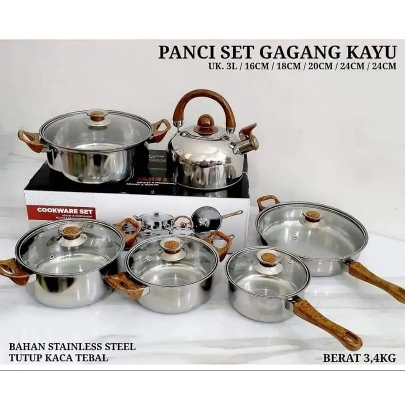 PANCI SET KAYU HA 1 SET ALAT MASAK LENGKAP PLUS TEKO SIUL BAHAN STAINLESS STEEL