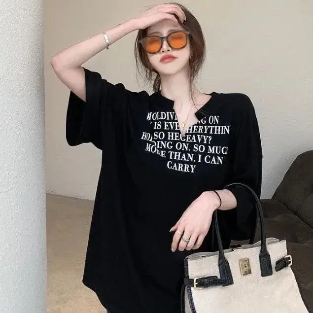 Top Màu Đen  Áo Thun ngắn Tay In Chữ Dáng Rộng Dài Trung Bình Hàng Mới Về Mùa Hè Cho Nữ, Áo Cổ Chữ V Cổ Tròn Women