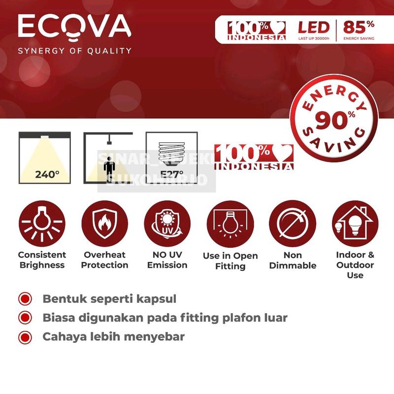 Ecova Lampu Bohlam LED 5 10 15 20 30 40 50 Watt LED kapsul All Varian Putih 5