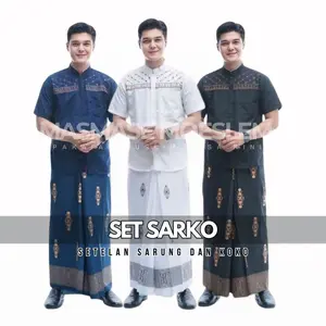 Setelan Sarko Sarung Dan Baju Koko Jasuke Lengan Pendek Dewasa Motif Bordir Sarung Motif Batik Sarwon Sarang Tawon Katun