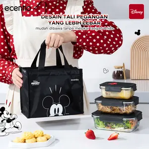 【Live Exclusive】 ecentio Food Container Mickey Mouse 3pcs & Tas Portable,410ml+700ml+1050ml Toples Kaca Mudah Dibersihkan,Tas Penyimpanan Portabel Kapasitas Besar,Cocok untuk bekal makanan