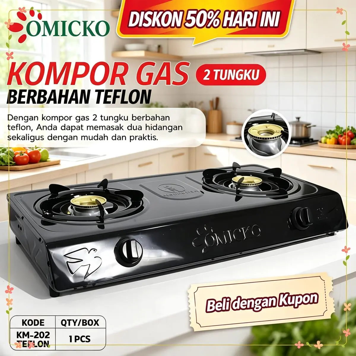 Kompor Gas 1 Tungku & 2 Tungku OMICKO Stainless Steel Anti Karat Warna Putih Standar COD diskon 50 persen tiktok hari ini beli dengan kupon