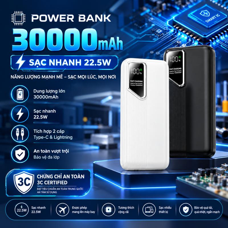 Sạc dự phòng 30.000mAh tích hợp 2 dây sạc, Có CCC Hỗ Trợ Sạc Nhanh Tối Đa 22.5W Sạc Đa Năng Cho Nhiều Thiết Bị