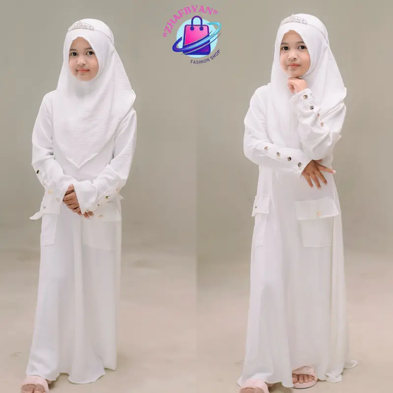 Gamis Abaya Anak Set Hijab 4th - 13th Model Tangan Kancing - Setelan Baju Dress Muslim Lebaran Syari Remaja Wanita Panjang Putih Hitam Crinkle Airflow  Navy Hijau Mustard Maroon 3