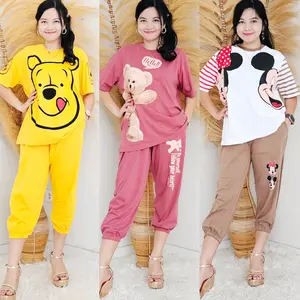 Setelan One Set Joger Jumbo Oversize Atasan Lengan Pendek Celana 7/8 Premium Ada Saku Kanan Kiri Sablon Plastisol Baju Bawahan Jogger Kantong Combed