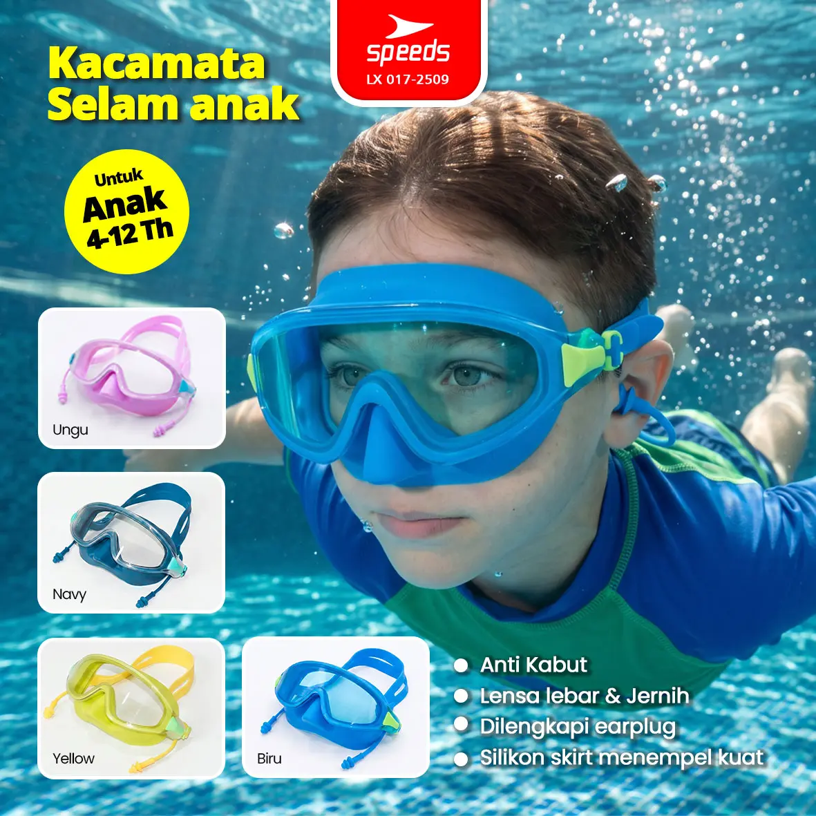 SPEEDS Swim Mask Anak 4-12 Tahun Anti Kabut Lensa Bening Earplug 017-2509