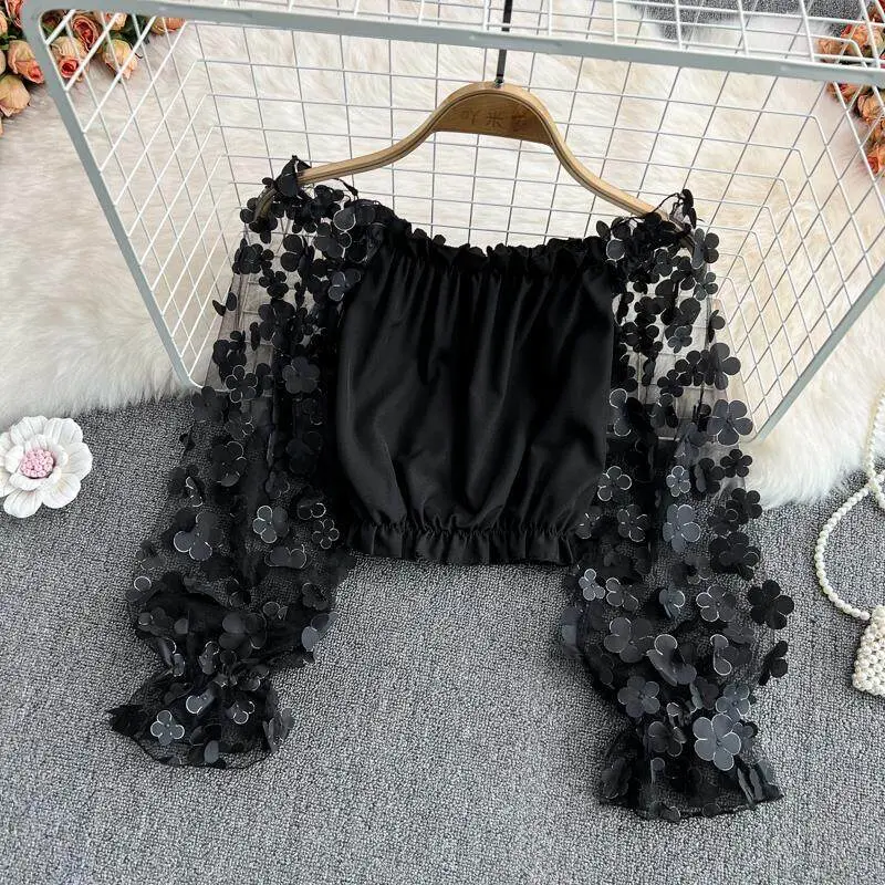 Blouse for Women 2024 New Design Korean Style Off-shoulder Three-dimensional Flower Perspective Mesh Patchwork Chiffon Blouse Women's Loose Waistband Foreign Style Short Off-shoulder Top Summer Fashion Women Clothes
