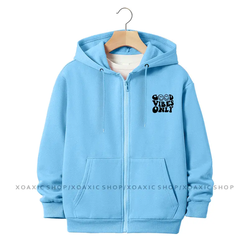 Jaket Hoodie Zipper Anak Laki-laki/Perempuan Usia 3-13 Tahun Motif Sablon GOOD VIBES ONLY Bahan Fleece Tebal Premium Fashion Bulu 4