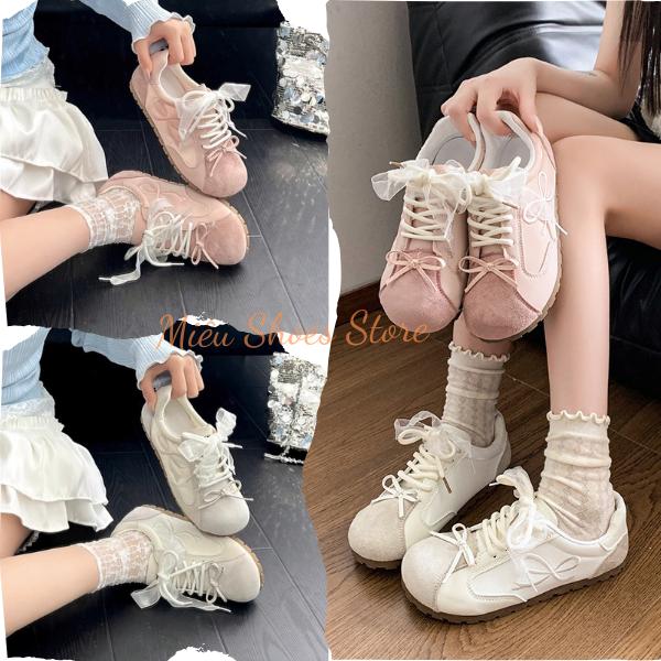 Mẫu Mới Giày Sneaker Thể Thao Siêu Xinh Cho Nữ Đế Bệt Da Bóng Phối Nơ Dây Duy Băng Điệu Đà J23